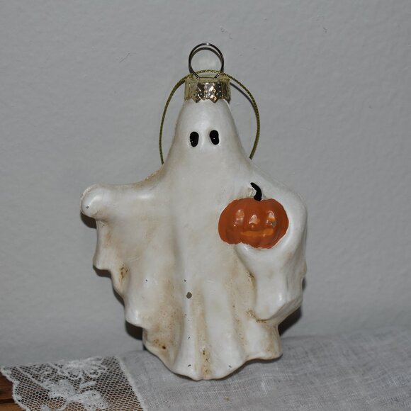 Vintage Halloween Ghost Holding Jack O Lantern Pumpkin Glass Ornament - Picture 1 of 7